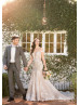 Plunging Neck Beaded Ivory Lace Tulle Deep V Pearl Buttons Back Wedding Dress